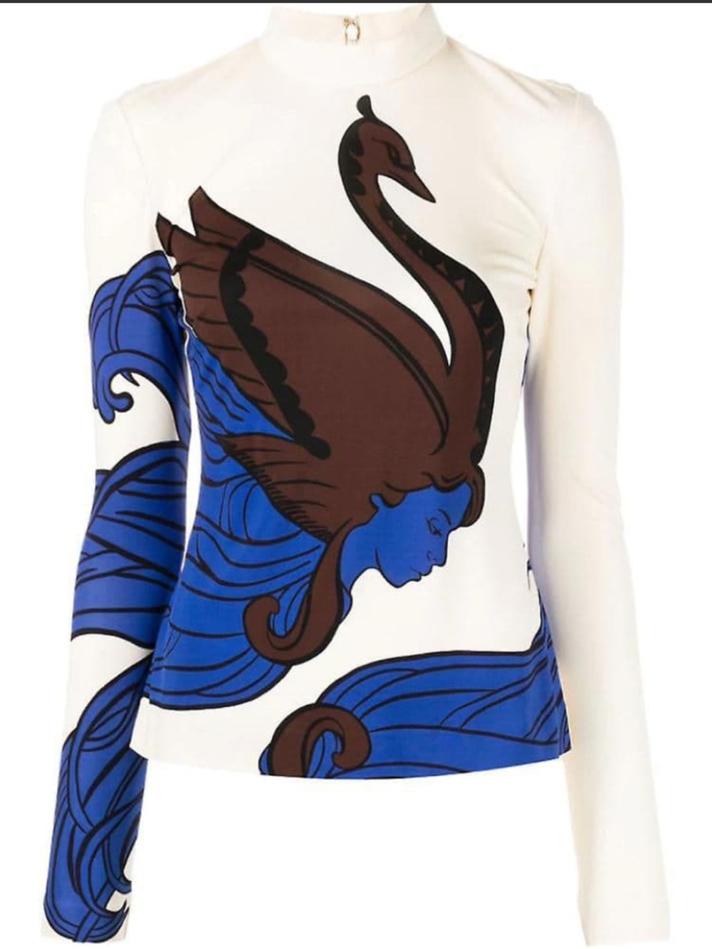Tory Burch White Long-Sleeve Top with Blue & Brown Graphic
